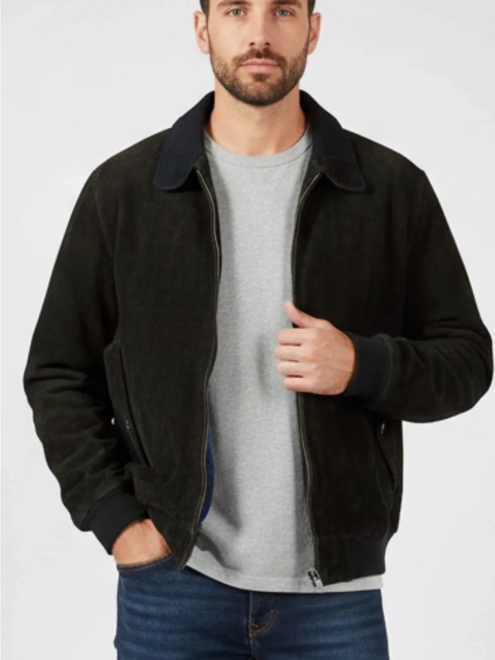 Maison Blanche Black Suede Bomber Jacket with Blue Plaid Lining